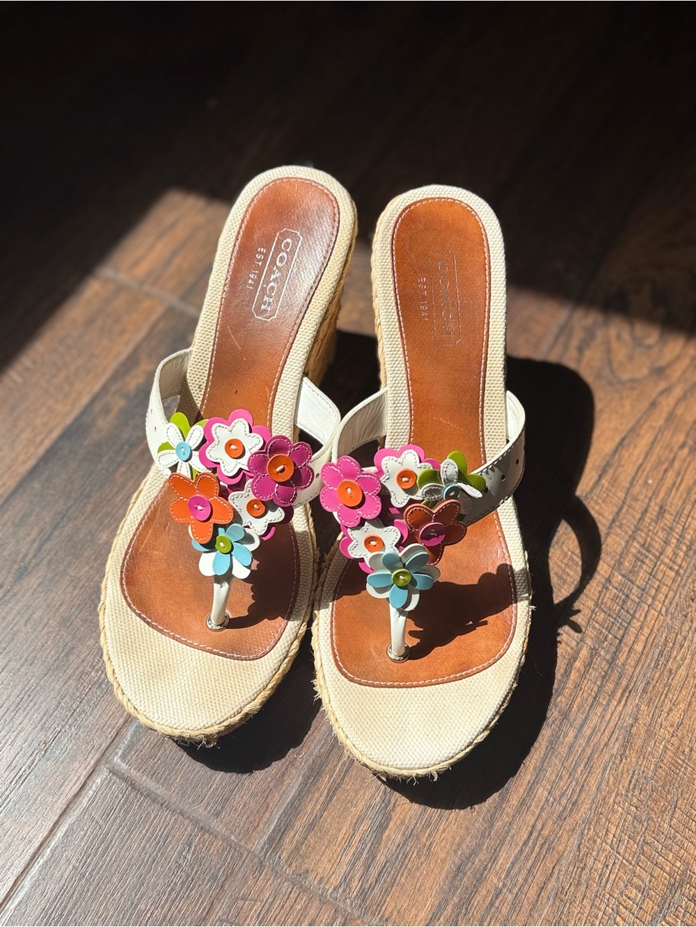 Rare Vintage Coach Wedges Floral Leather Appliqué Jesica Thong Platform Sandals - Picture 8 of 11